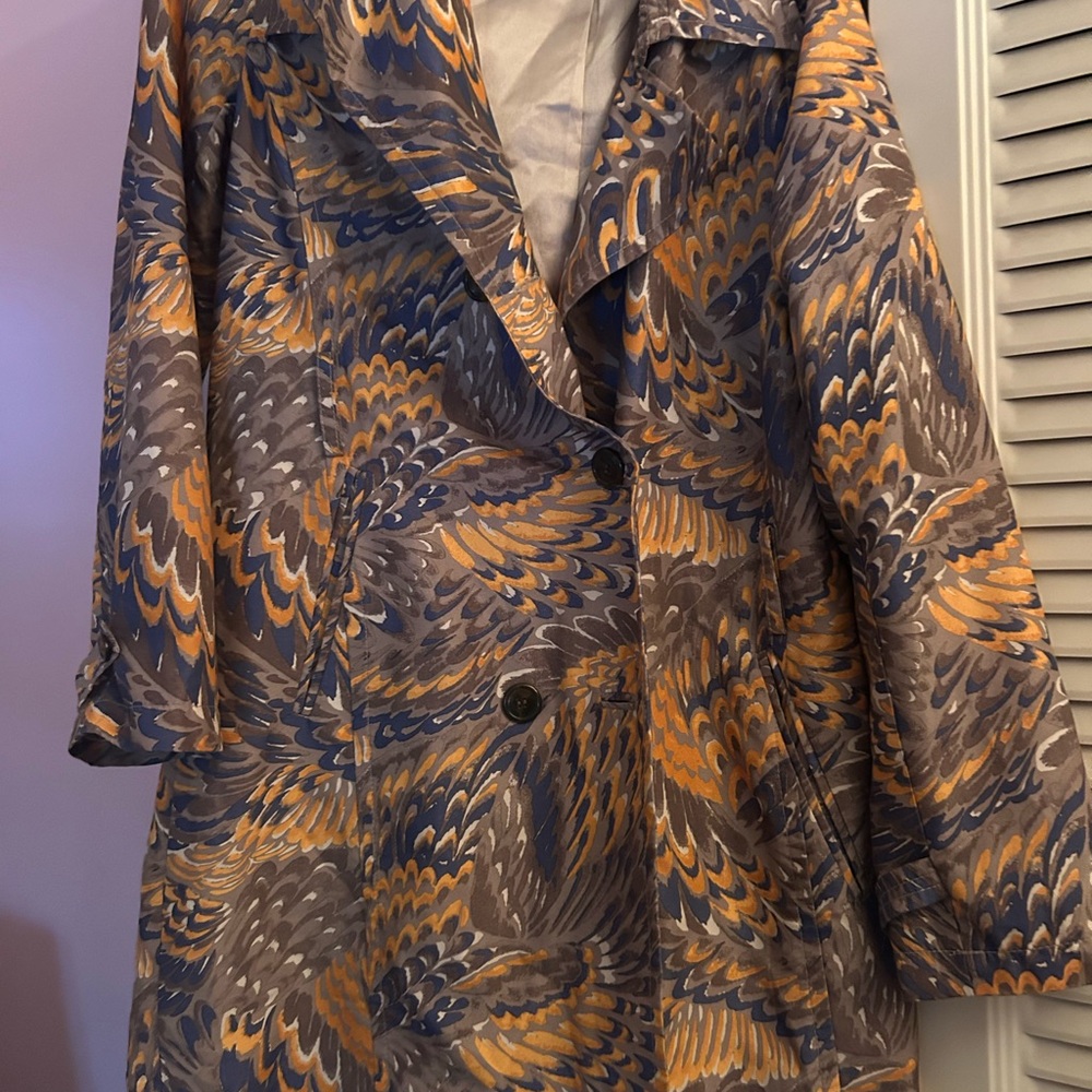 Isaac Mizrahi Blue and Orange Patterned Trench Coat